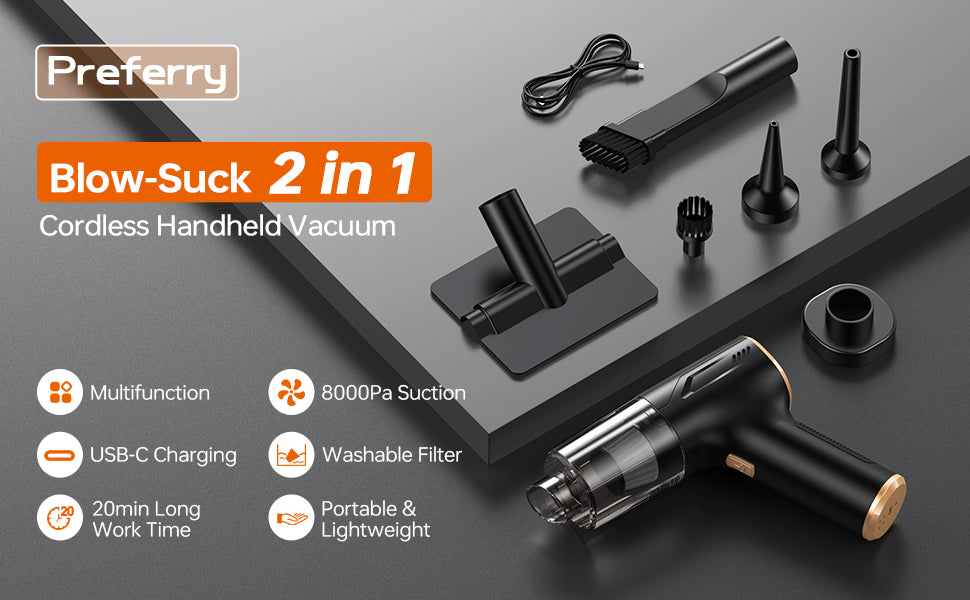 Car Vacuum Cleaner with Blower, Air Blower and Vacuum Cleaner 2 in 1, 48000RPM Powerful Suction Wireless Vacuum Cleaner, USB Rechargeable Handheld Vacuum Cleaner for Car, Washable HEPA Filter