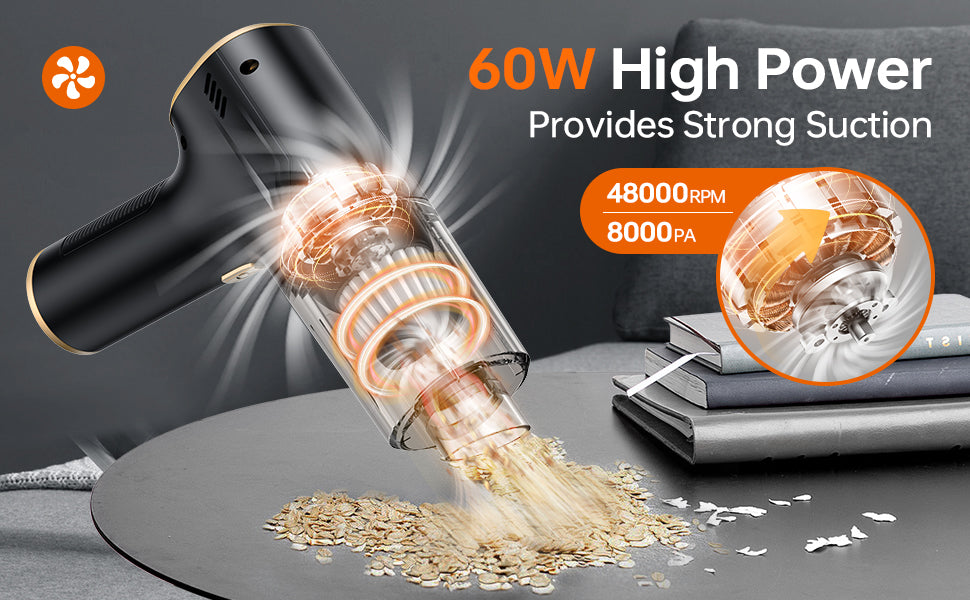 Car Vacuum Cleaner with Blower, Air Blower and Vacuum Cleaner 2 in 1, 48000RPM Powerful Suction Wireless Vacuum Cleaner, USB Rechargeable Handheld Vacuum Cleaner for Car, Washable HEPA Filter