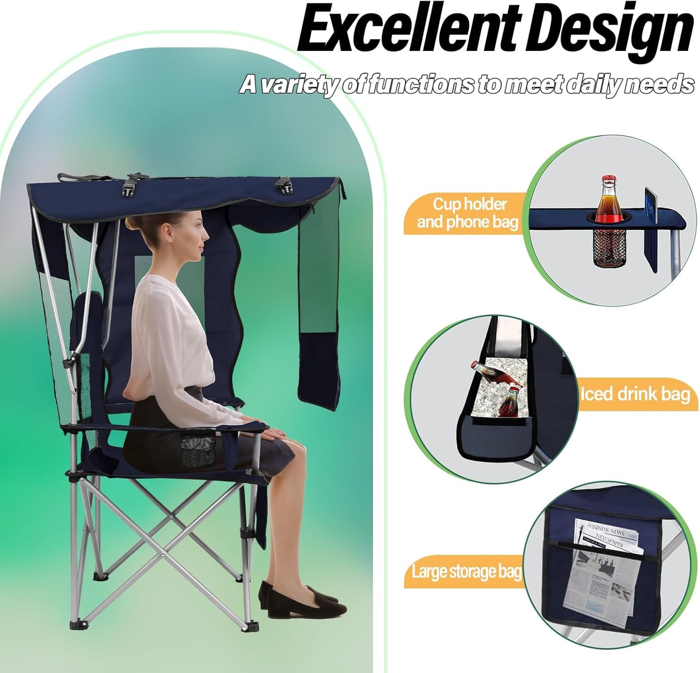 Camping Chair with Canopy Shade Portable Folding Beach Chairs with Cooler, Mesh Backrest, Cup Holder, and Pocket for Camping, Fishing, Beach, and Sports