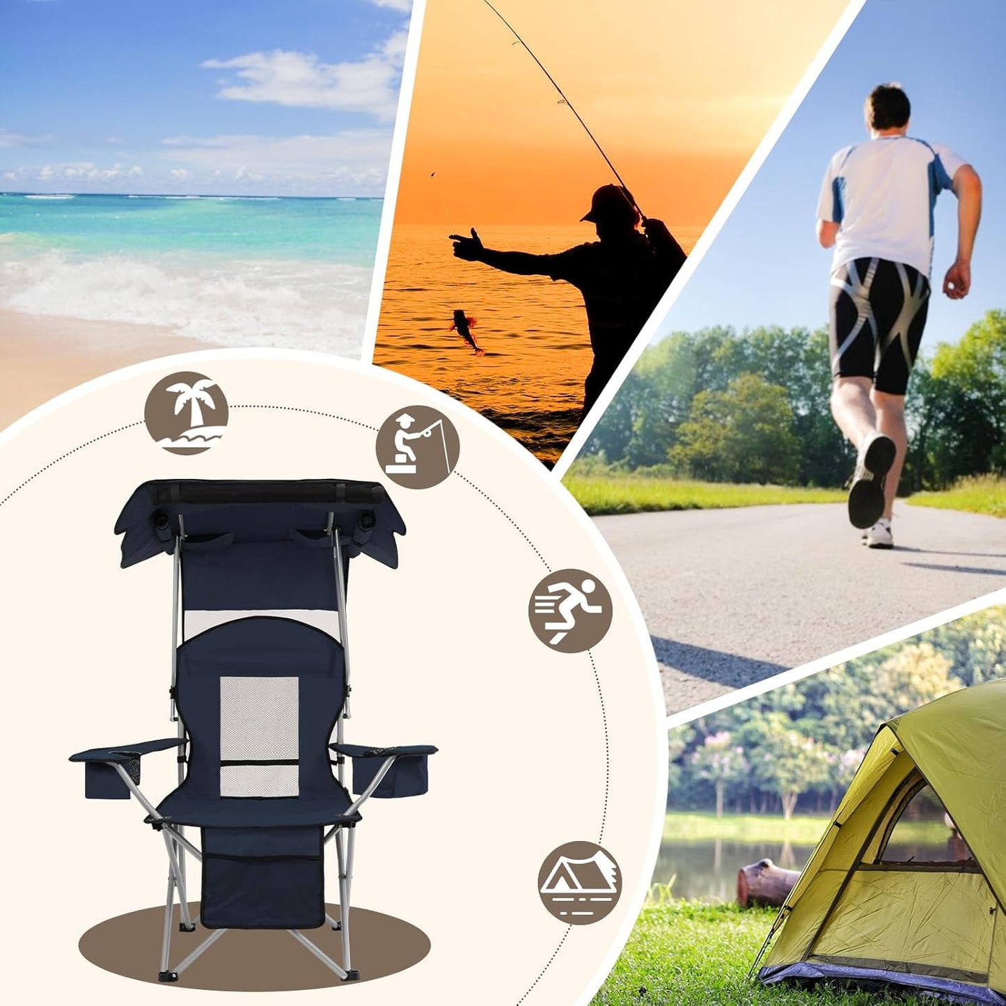 Camping Chair with Canopy Shade Portable Folding Beach Chairs with Cooler, Mesh Backrest, Cup Holder, and Pocket for Camping, Fishing, Beach, and Sports