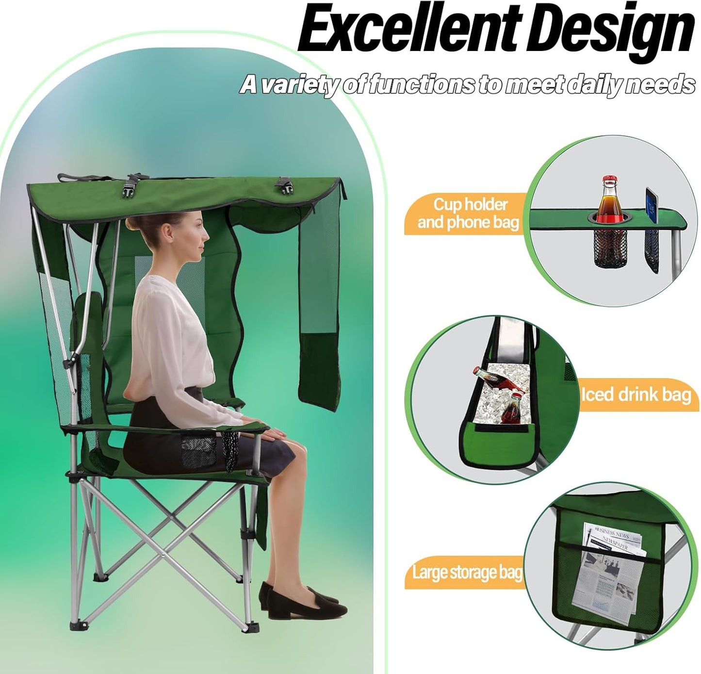 Camping Chair with Canopy Shade Portable Folding Beach Chairs with Cooler, Mesh Backrest, Cup Holder, and Pocket for Camping, Fishing, Beach, and Sports