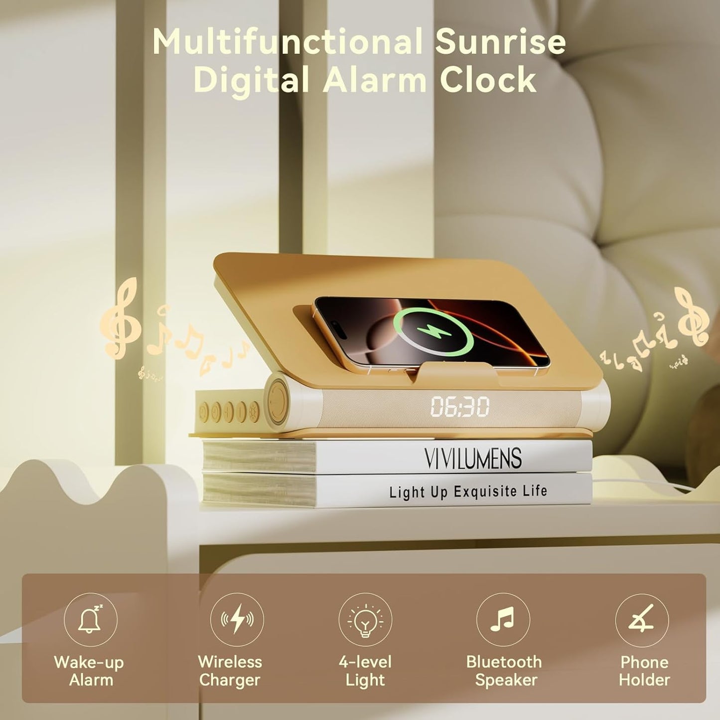 Reading Light Sunrise Alarm Clock Wireless Charging Bluetooth Speaker