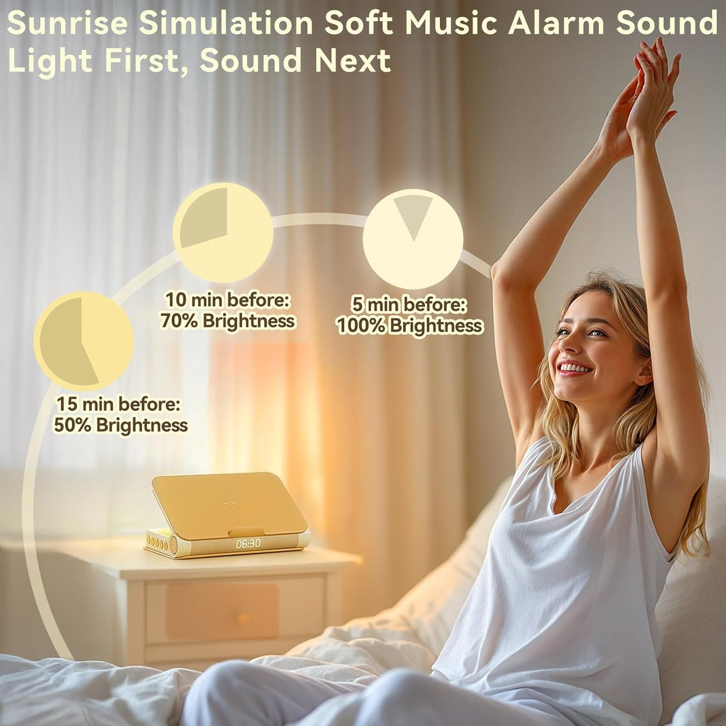 Reading Light Sunrise Alarm Clock Wireless Charging Bluetooth Speaker