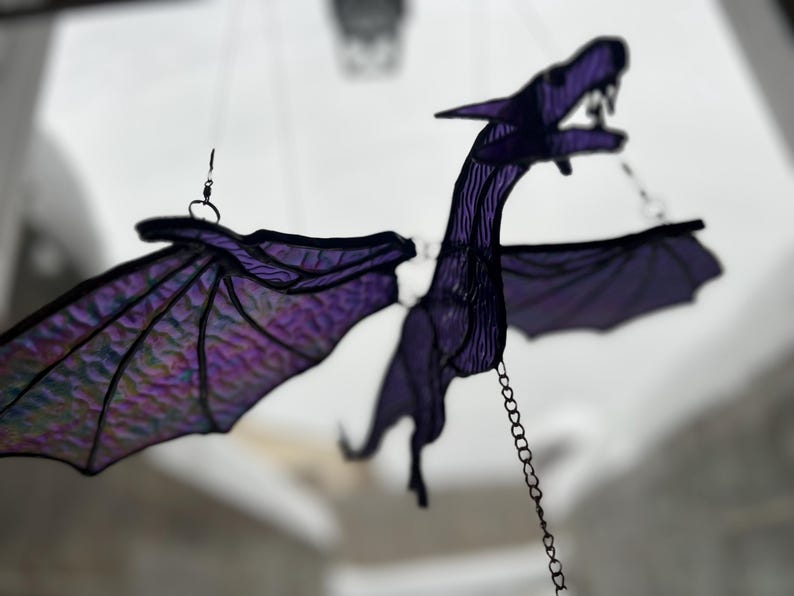 17" Wing Span 3D Movable Flying Irredescent Stained Glass Purple Dragon with Flapping Wings and a Prism Pull String!