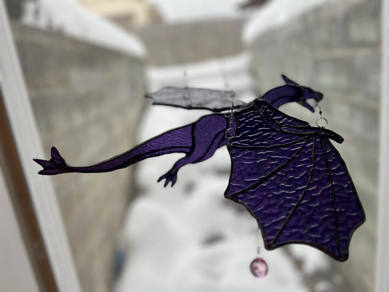 17" Wing Span 3D Movable Flying Irredescent Stained Glass Purple Dragon with Flapping Wings and a Prism Pull String!