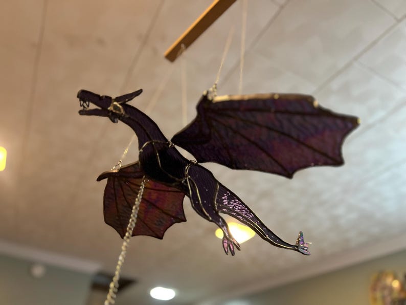 17" Wing Span 3D Movable Flying Irredescent Stained Glass Purple Dragon with Flapping Wings and a Prism Pull String!