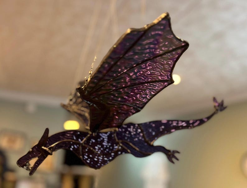 17" Wing Span 3D Movable Flying Irredescent Stained Glass Purple Dragon with Flapping Wings and a Prism Pull String!