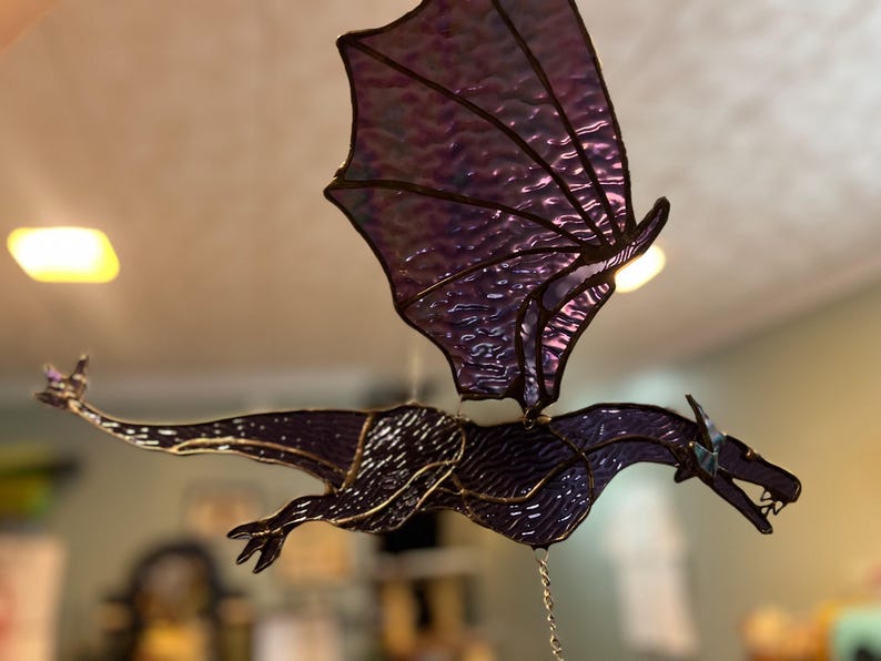 17" Wing Span 3D Movable Flying Irredescent Stained Glass Purple Dragon with Flapping Wings and a Prism Pull String!