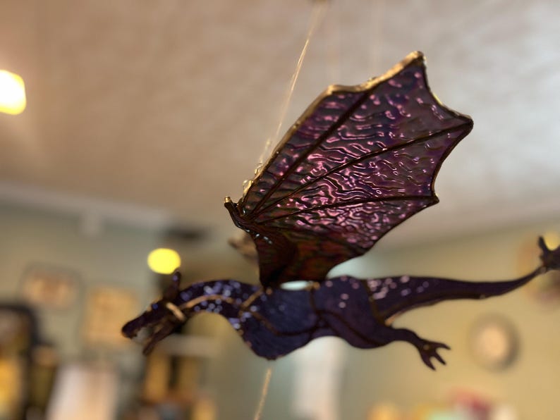 17" Wing Span 3D Movable Flying Irredescent Stained Glass Purple Dragon with Flapping Wings and a Prism Pull String!