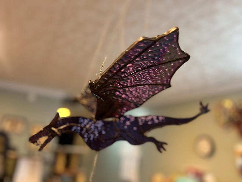 17" Wing Span 3D Movable Flying Irredescent Stained Glass Purple Dragon with Flapping Wings and a Prism Pull String!