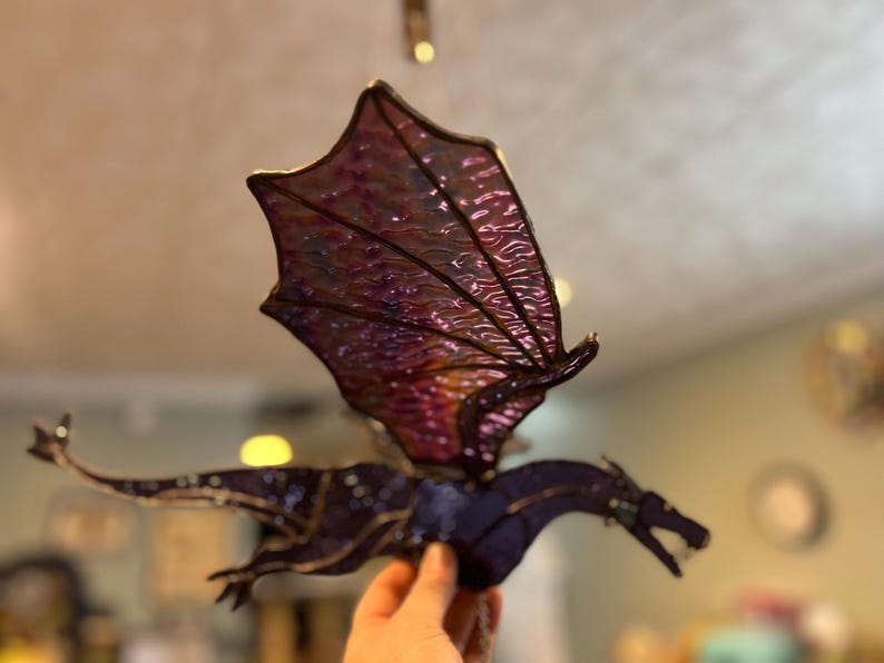 17" Wing Span 3D Movable Flying Irredescent Stained Glass Purple Dragon with Flapping Wings and a Prism Pull String!