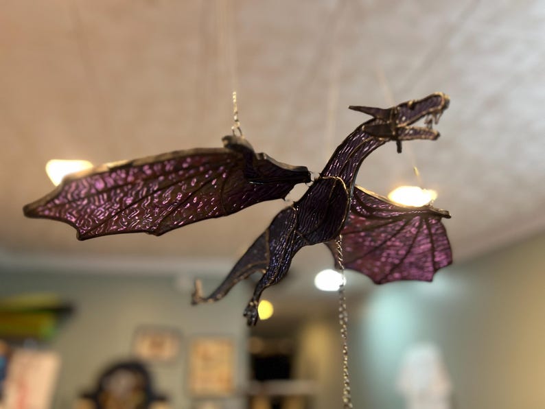 17" Wing Span 3D Movable Flying Irredescent Stained Glass Purple Dragon with Flapping Wings and a Prism Pull String!