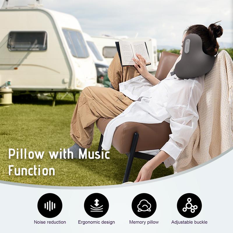Travel Neck Pillow with Bluetooth Headset, Memory Foam Airplane Pillow for Head Support, Ergonomic Design Traveling Music Pillow for Home, Flight, Car