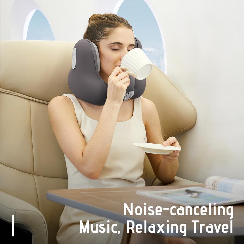 Travel Neck Pillow with Bluetooth Headset, Memory Foam Airplane Pillow for Head Support, Ergonomic Design Traveling Music Pillow for Home, Flight, Car