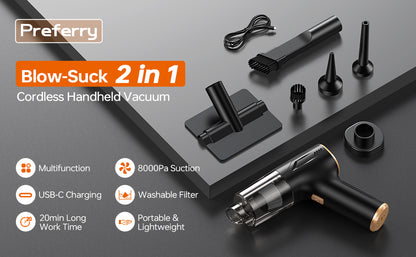 Car Vacuum Cleaner with Blower, Air Blower and Vacuum Cleaner 2 in 1, 48000RPM Powerful Suction Wireless Vacuum Cleaner, USB Rechargeable Handheld Vacuum Cleaner for Car, Washable HEPA Filter