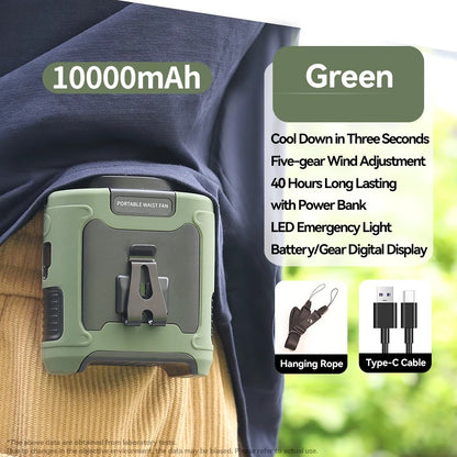 Outdoor Portable Waist Fan Sports Hanging Neck Fan with Power Bank LED Lighting