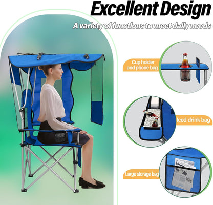Camping Chair with Canopy Shade Portable Folding Beach Chairs with Cooler, Mesh Backrest, Cup Holder, and Pocket for Camping, Fishing, Beach, and Sports