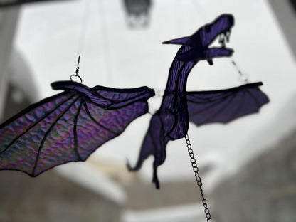 17" Wing Span 3D Movable Flying Irredescent Stained Glass Purple Dragon with Flapping Wings and a Prism Pull String!