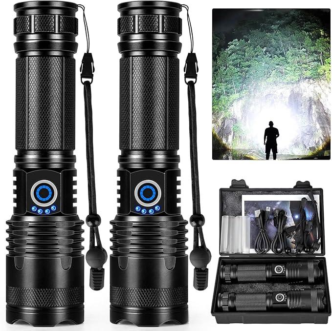 Rechargeable LED Flashlights High Lumens, 90,000 Lumens Super Bright Flashlights with 5 Modes, Waterproof Powerful Flash Light Multifunctional Flashlights for Home Camping Hiking(2 Pack)